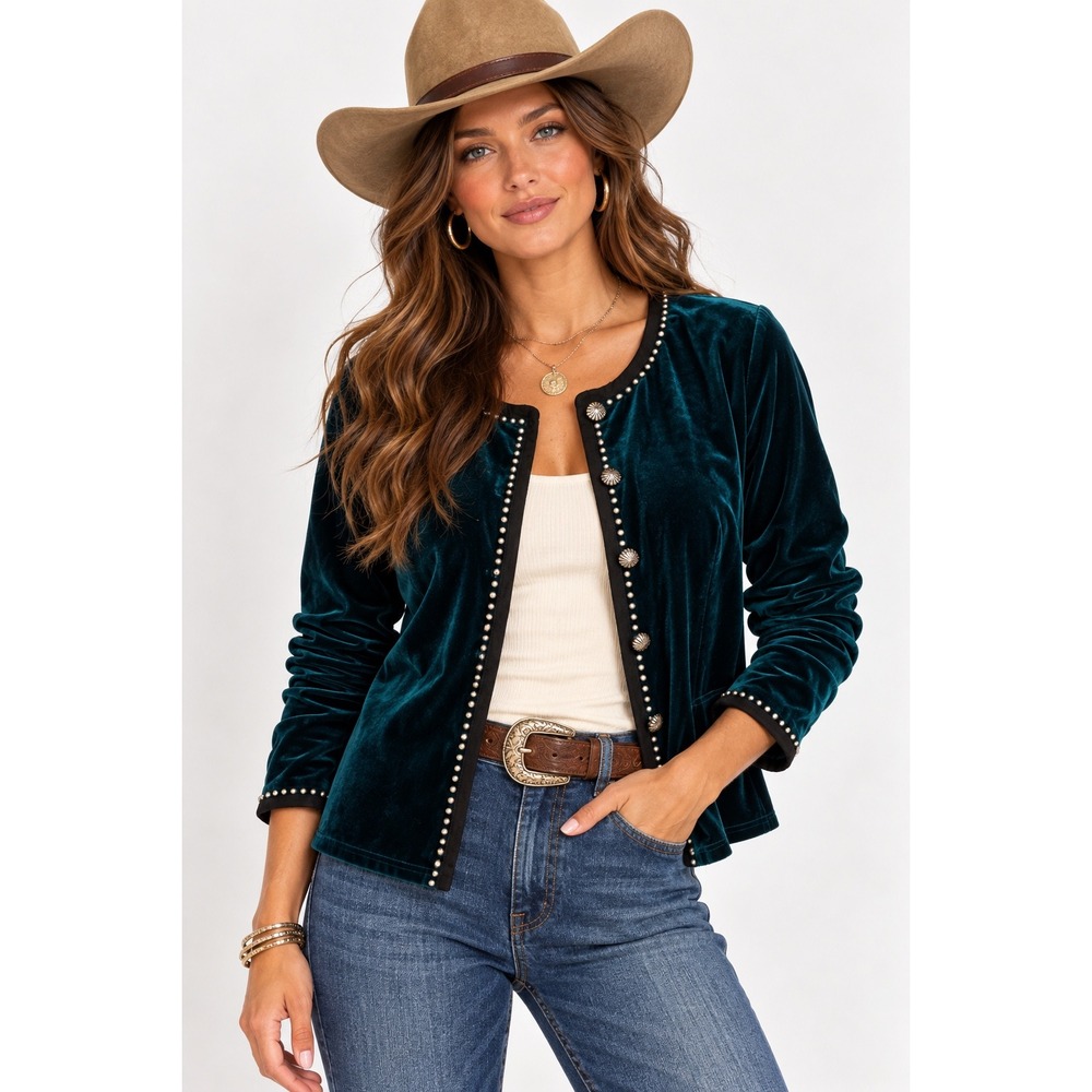 Double D Ranch Teal Velvet Studded Cardigan Top Western Boho Luxury M